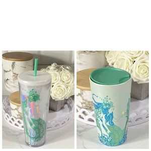 Starbucks Siren Mermaid Iridescent Travel Mug + Mint Pearl Mermaid Siren Tumbler